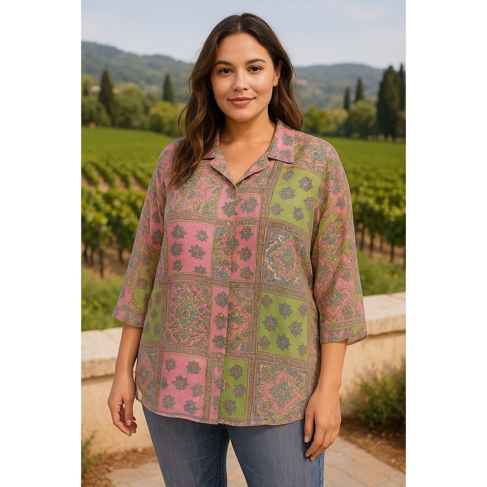 Napa Valley Women's Blouse Medium‎ M Pink Green Paisley Patchwork Sheer Button